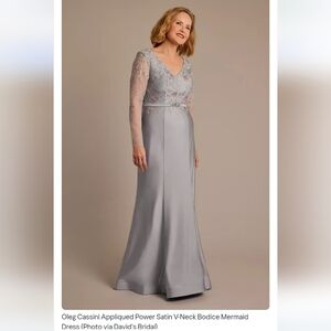 Oleg Cassini Gray Long Sleeve Power Satin Dress